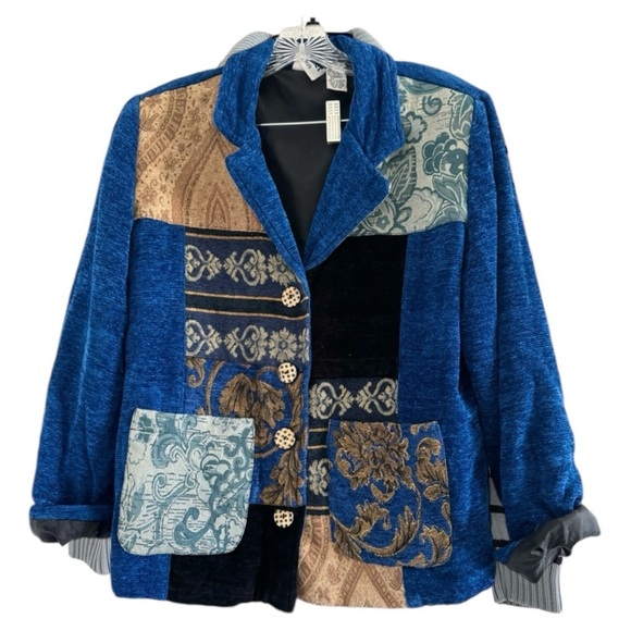 MARKET CHICO’S Women’s Vtg ChenilleColor Block Embroidered Boho LinedJacket-Sz 1 - Picture 1 of 9